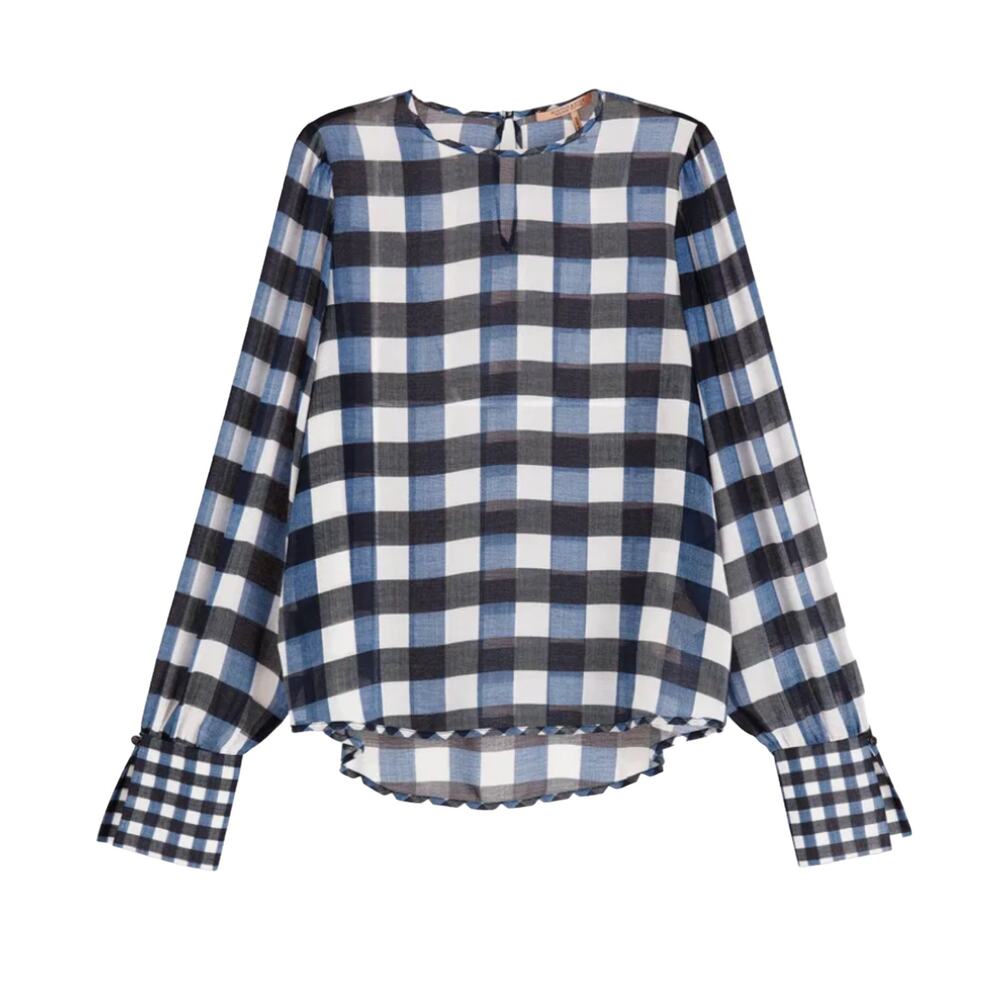Scotch & Soda Aloha Hula Navy Blue White Sheer Checked Long Blouson Sleeve Top S - Picture 11 of 12